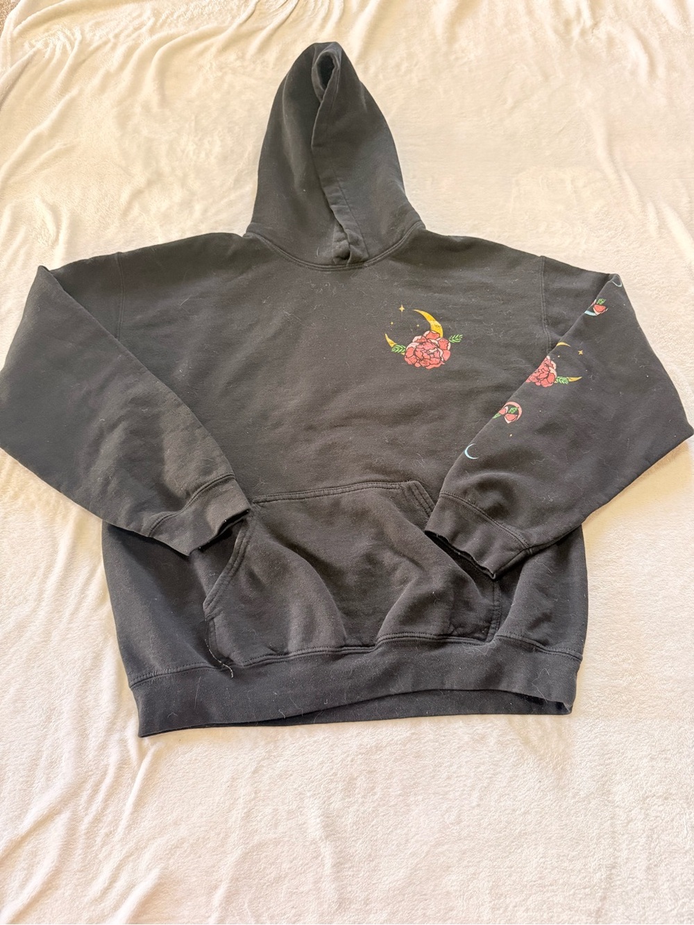 Fifth Sun Black Hoodie with Floral Crescent Moon Graphic
